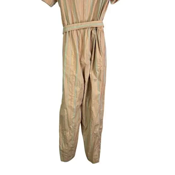 MADEWELL 6 Striped Puff-Sleeve Tapered Jumpsuit Pink Blue Linen Blend Romper - Picture 7 of 7